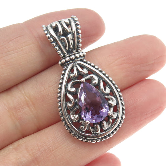 925 Sterling Silver Vintage Real Pear-Cut Amethyst Ornate Drop Pendant