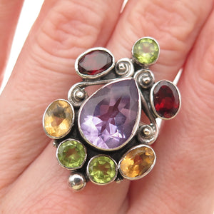 925 Sterling Silver Vintage Real Amethyst Peridot Citrine Red Garnet Ring Size 7