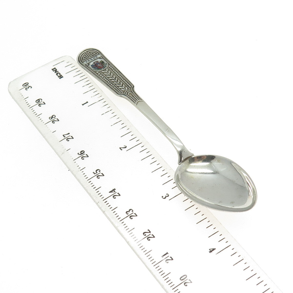 800 Silver Antique France Enamel Praha / Prague Coffee Spoon
