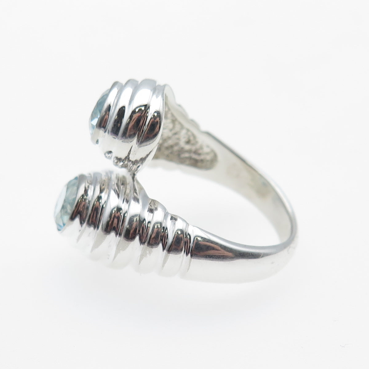 925 Sterling Silver Vintage Real Blue Topaz Modernist Bypass Ring Size 7