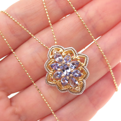 925 Sterling Silver Gold Plated Real Tanzanite & White Topaz Beaded Necklace 18"