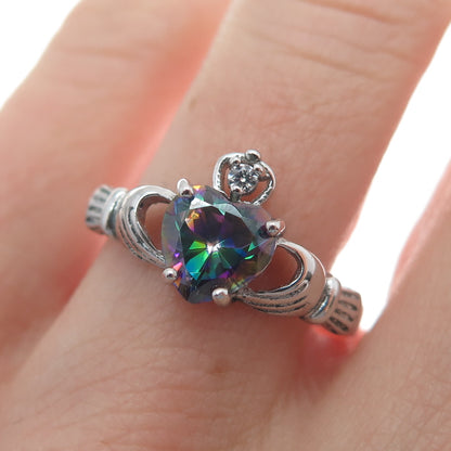925 Sterling Silver Heart-Cut Mystic Quartz & C Z Irish Claddagh Ring Size 7.5
