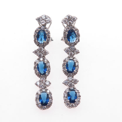 925 Sterling Silver Blue & White C Z Dangle Omega Back Earrings