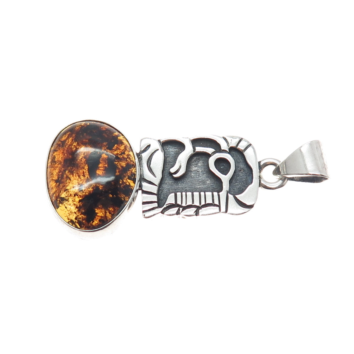 925 Sterling Silver Vintage Real Amber Aztec Symbol Oxidized Charm Pendant