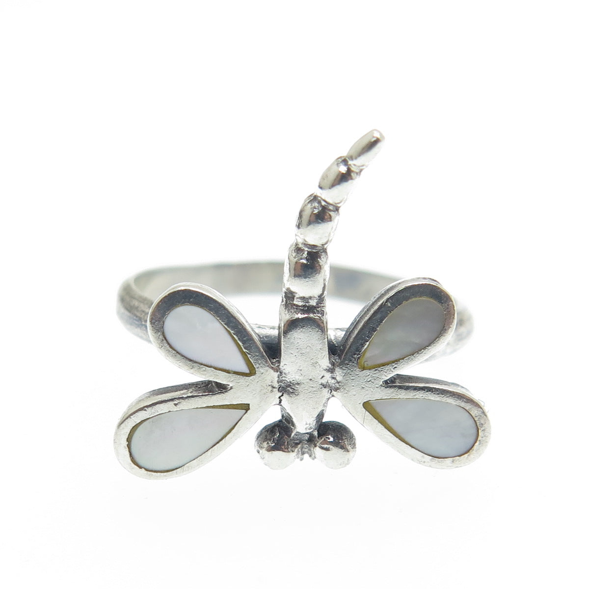 925 Sterling Silver Vintage Real Mother-of-Pearl Dragonfly Ring Size 5.75