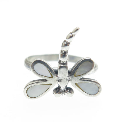 925 Sterling Silver Vintage Real Mother-of-Pearl Dragonfly Ring Size 5.75