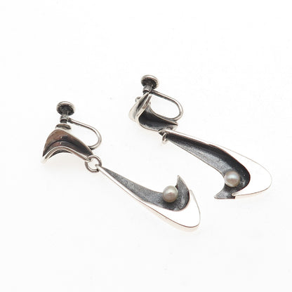 925 Sterling Silver Vintage Real Pearl Modernist Oxidized Screw Back Earrings