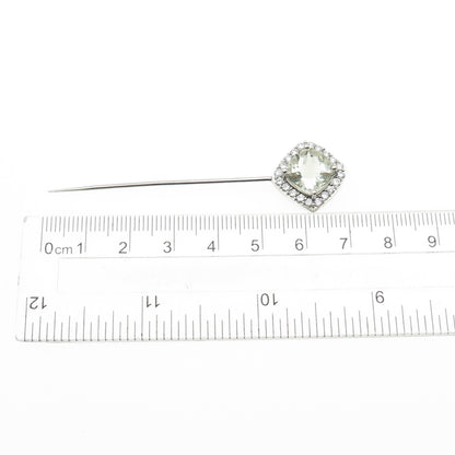 925 Sterling Silver Real Cushion-Cut Green Amethyst & C Z Lapel Pin