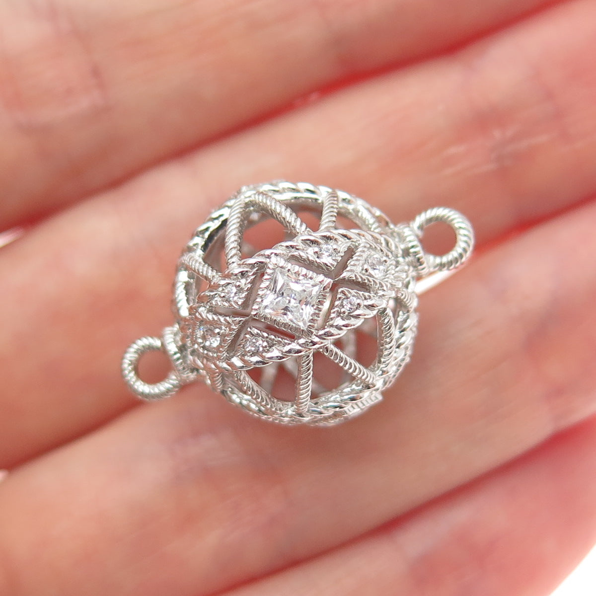 925 Sterling Silver Round-Cut C Z Bead Charm for Bracelet / Necklace