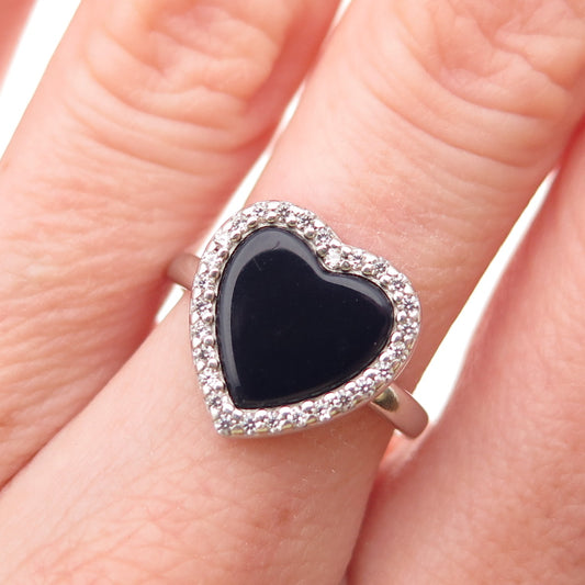 925 Sterling Silver Vintage Real Black Onyx & C Z Heart Ring Size 7