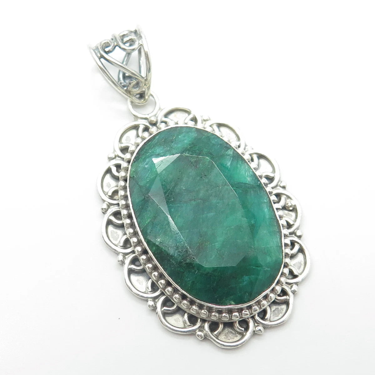 925 Sterling Silver Vintage Real Oval-Cut Green Zoisite Gem Swirl Oval Pendant