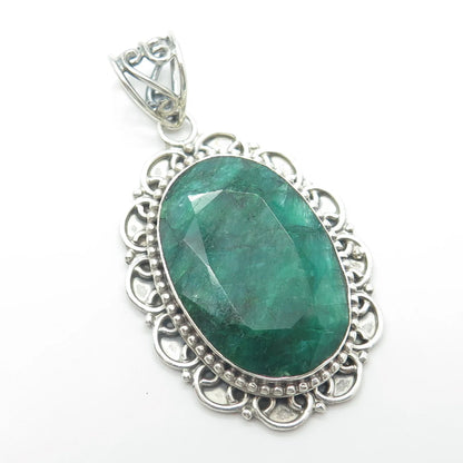 925 Sterling Silver Vintage Real Oval-Cut Green Zoisite Gem Swirl Oval Pendant