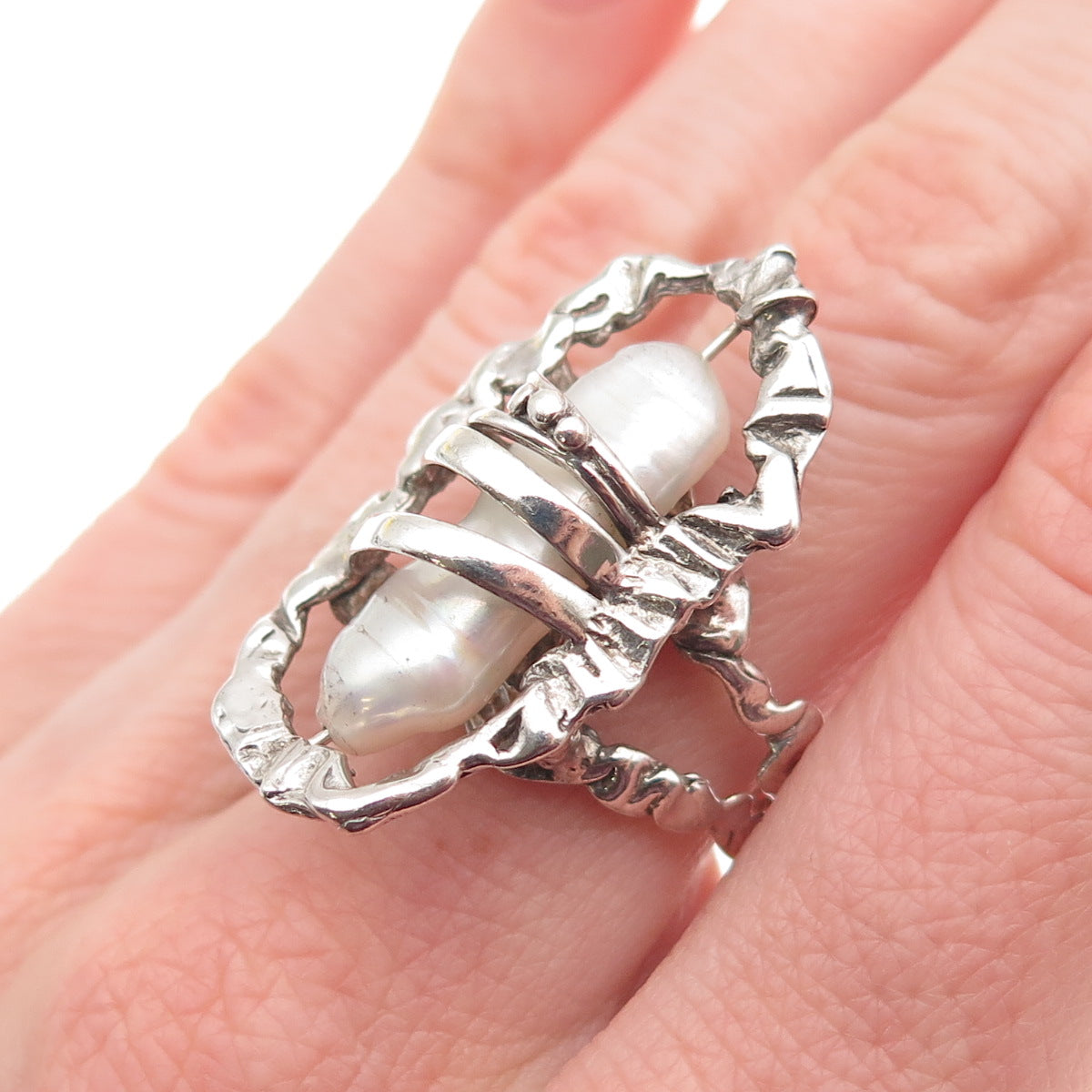 925 Sterling Silver Vintage Real Baroque Pearl Modernist Ring Size 8