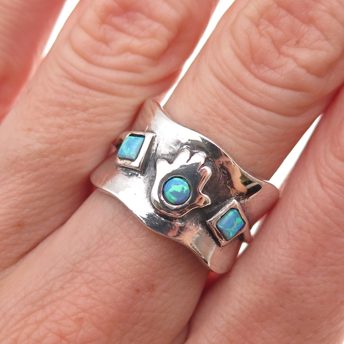 925 Sterling Silver Vintage Real Opal Hamsa Amulet Oxidized Ring Size 7.75