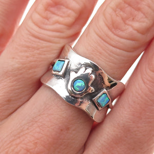 925 Sterling Silver Vintage Real Opal Hamsa Amulet Oxidized Ring Size 7.75