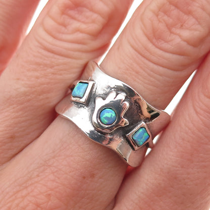925 Sterling Silver Vintage Real Opal Hamsa Amulet Oxidized Ring Size 7.75