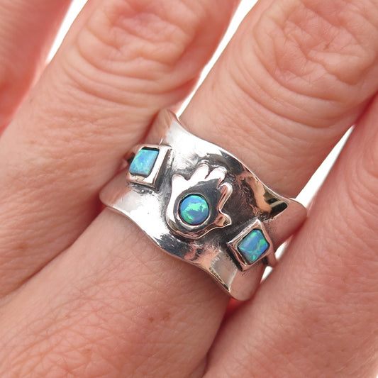 925 Sterling Silver Vintage Real Opal Hamsa Amulet Oxidized Ring Size 7.75