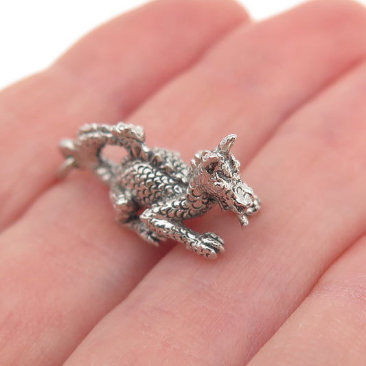 925 Sterling Silver Vintage Dragon Oxidized 3D Charm Pendant