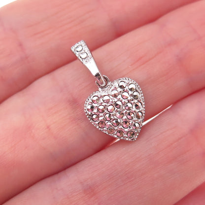 Theda 925 Sterling Silver Antique Art Deco Real Marcasite Heart Charm Pendant