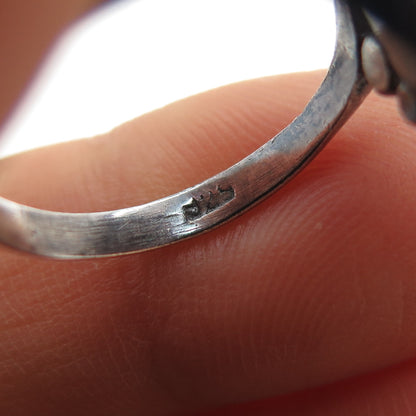 925 Sterling Silver Vintage Real Black Onyx Beaded Oxidized Ring Size 6