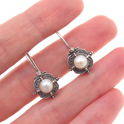 Gerochristo Sterling Silver Vintage Greece Real Pearl Oxidized Dangle Earrings