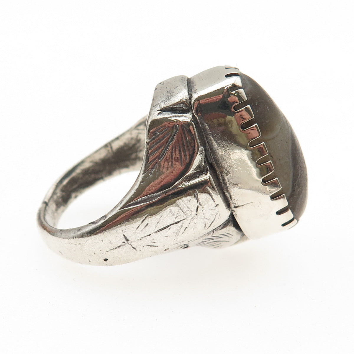 925 Sterling Silver Antique Art Deco Real Agate Oxidized Ring Size 9.75