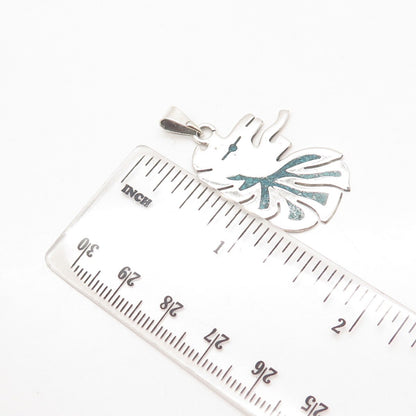925 Sterling Silver Vintage Mexico Turquoise Gem Inlay Abstract Pendant
