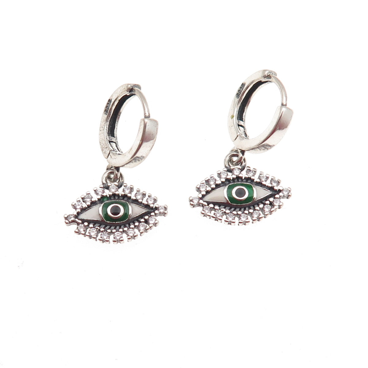 925 Sterling Silver Enamel & C Z Evil's Eye Dangle Charm Hoop Earrings