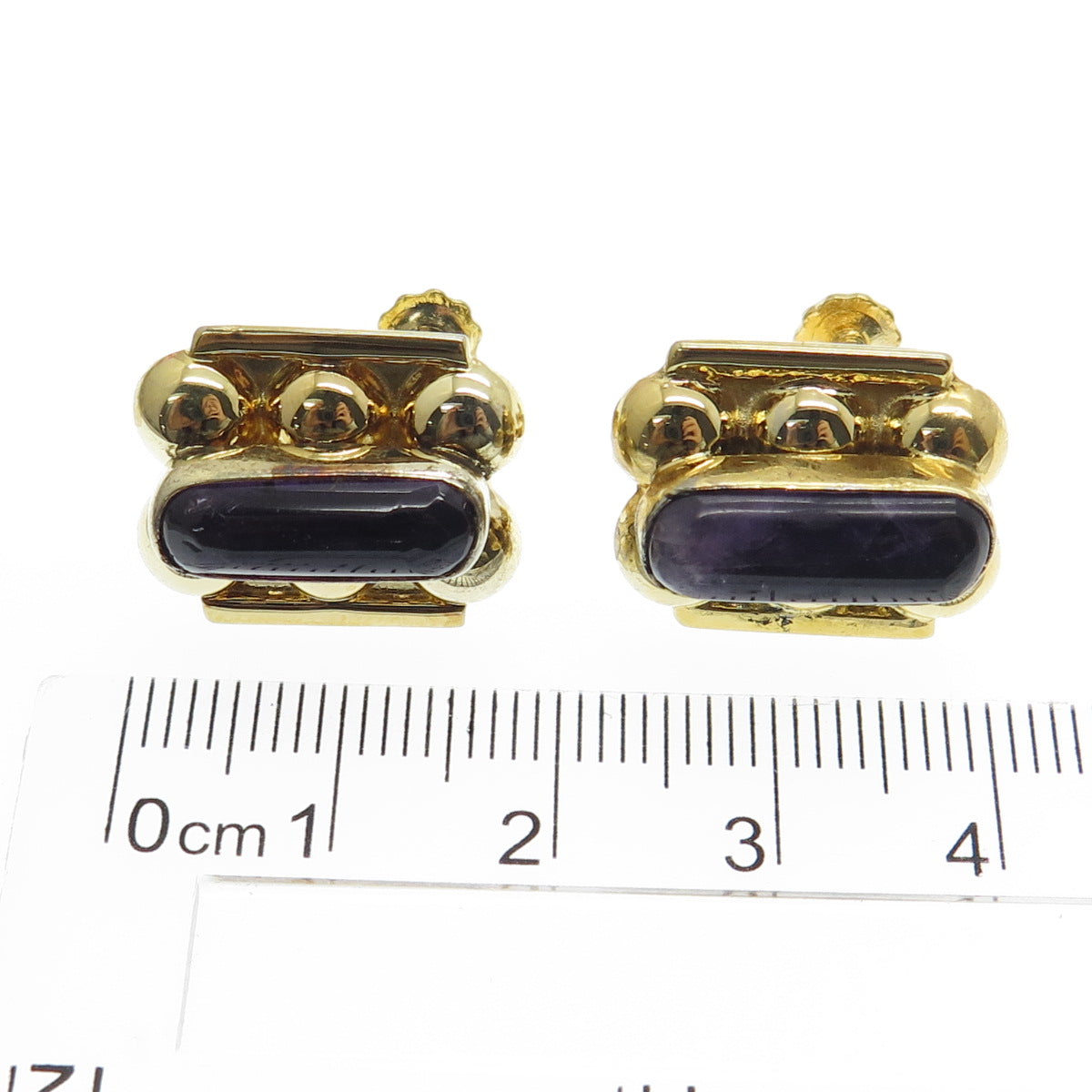 925 Sterling Silver Gold Plated Vintage Mexico Real Amethyst Screw Back Earrings