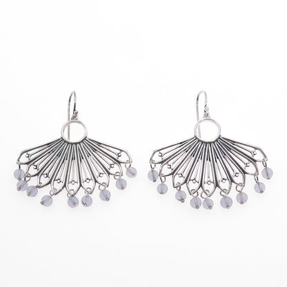 925 Sterling Silver Vintage Clear Crystal Modernist Fan Oxidized Earrings
