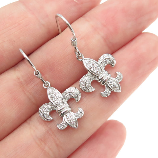 925 Sterling Silver Round-Cut C Z Fleur de Lis Dangling Earrings