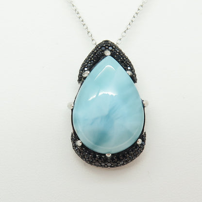 925 Sterling Silver Real Larimar & Black Spinel Gem Cable Chain Necklace 18"