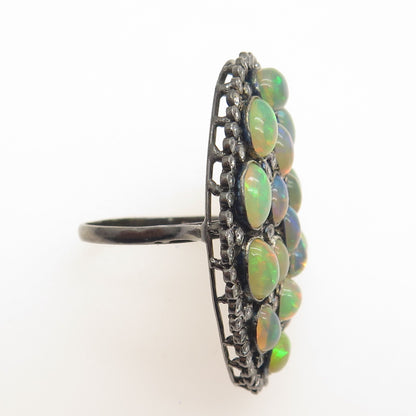 925 Sterling Silver Black Rhodium Real Opal & White Topaz Cluster Ring Size 6.75