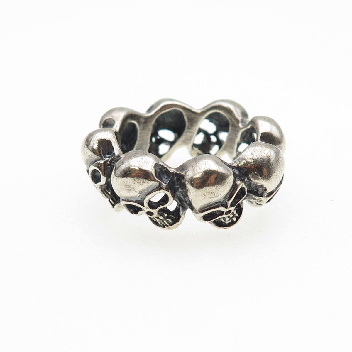 925 Sterling Silver Vintage Skull All Around Oxidized Biker Ring Size 9