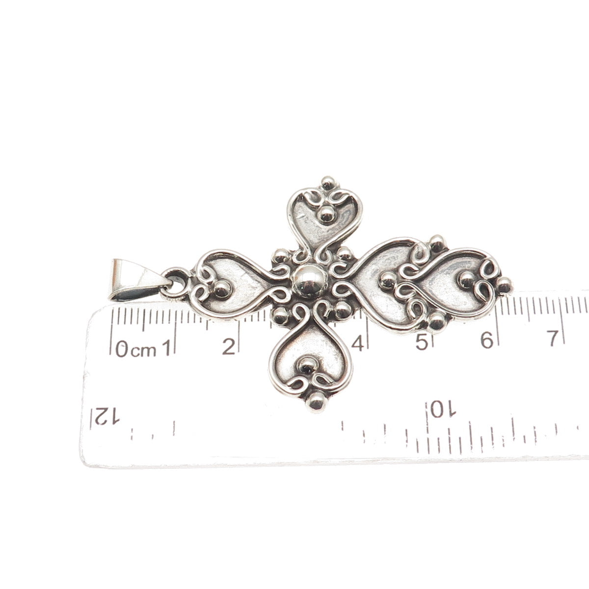 925 Sterling Silver Vintage Mexico Heart Ornate Cross Oxidized Pendant