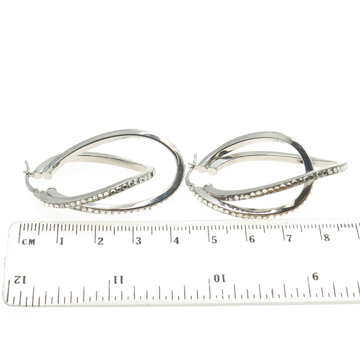 MILOR 925 Sterling Silver Italy Rhinestone Modernist Hinged Hoop Earrings