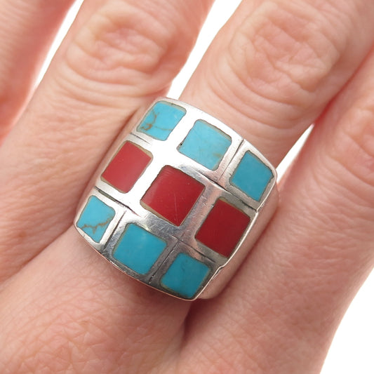 Old Pawn Sterling Silver Vintage Southwestern Turquoise & Coral Ring Size 10.25