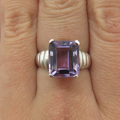 925 Sterling Silver Vintage Real Emerald-Cut Amethyst Ring Size 7