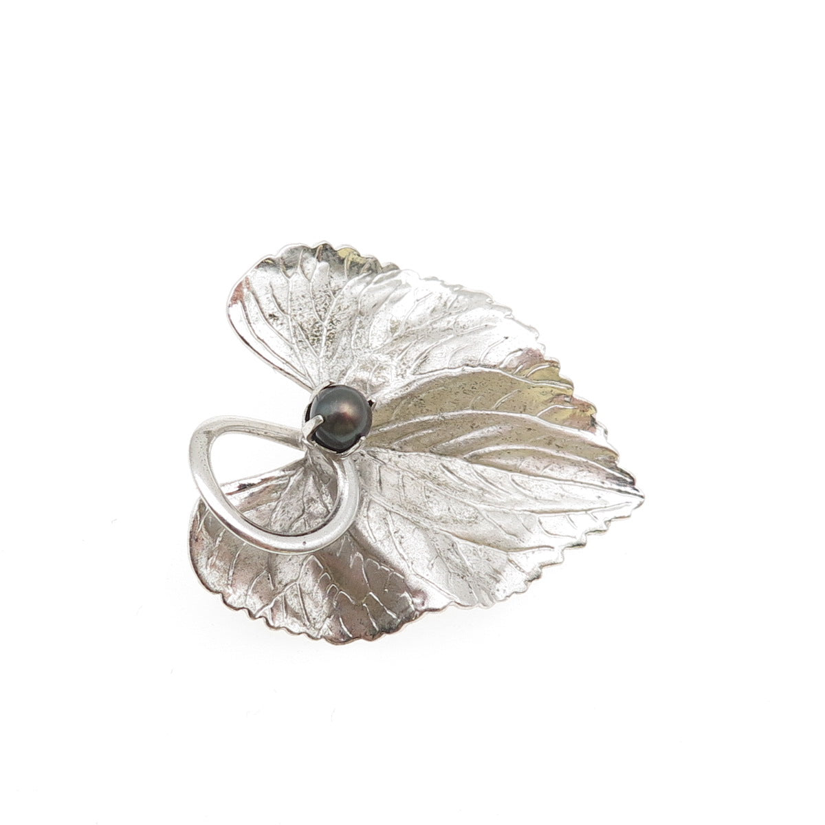 CARL ART 925 Sterling Silver Vintage Real Tahitian Pearl Floral Leaf Pin Brooch