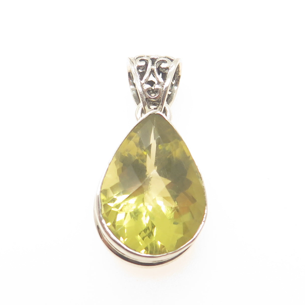 925 Sterling Silver Vintage Real Pear-Cut Lime Citrine Ornate Teardrop Pendant