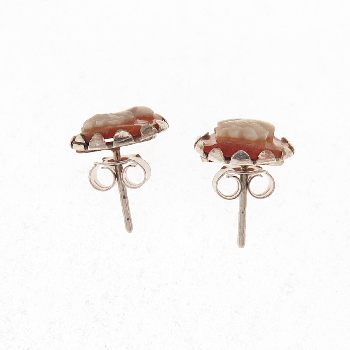 925 Sterling Silver Antique Art Deco Real MOP Carved Lady Cameo Stud Earrings