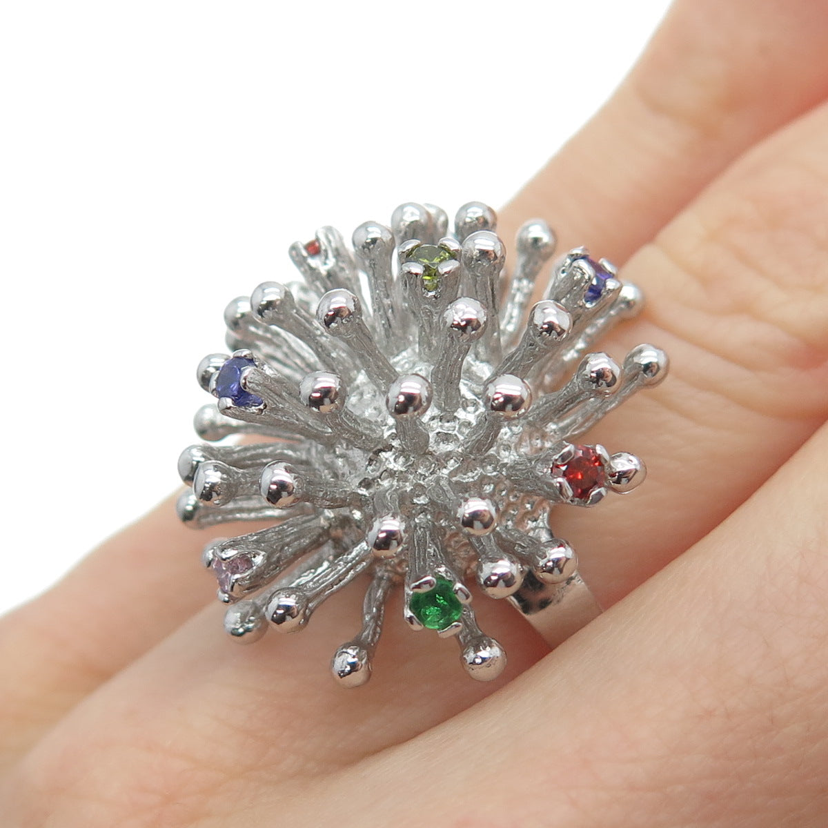 925 Sterling Silver Round-Cut Multi-Color C Z Starburst Firework Ring Size 6.25