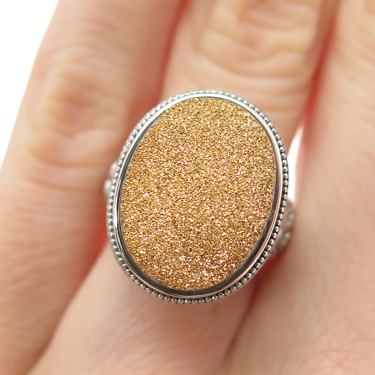 925 Sterling Silver Real Oval-Cut Gold Druzy Ornate Ring Size 5.25