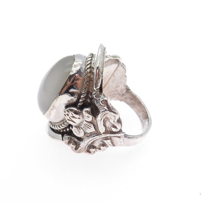 925 Sterling Silver Vintage Real Cabochon Moonstone Flower Ring Size 9.5