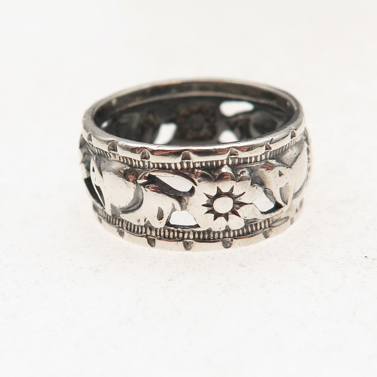 925 Sterling Silver Antique Art Deco Floral Oxidized Band Ring Size 6.75