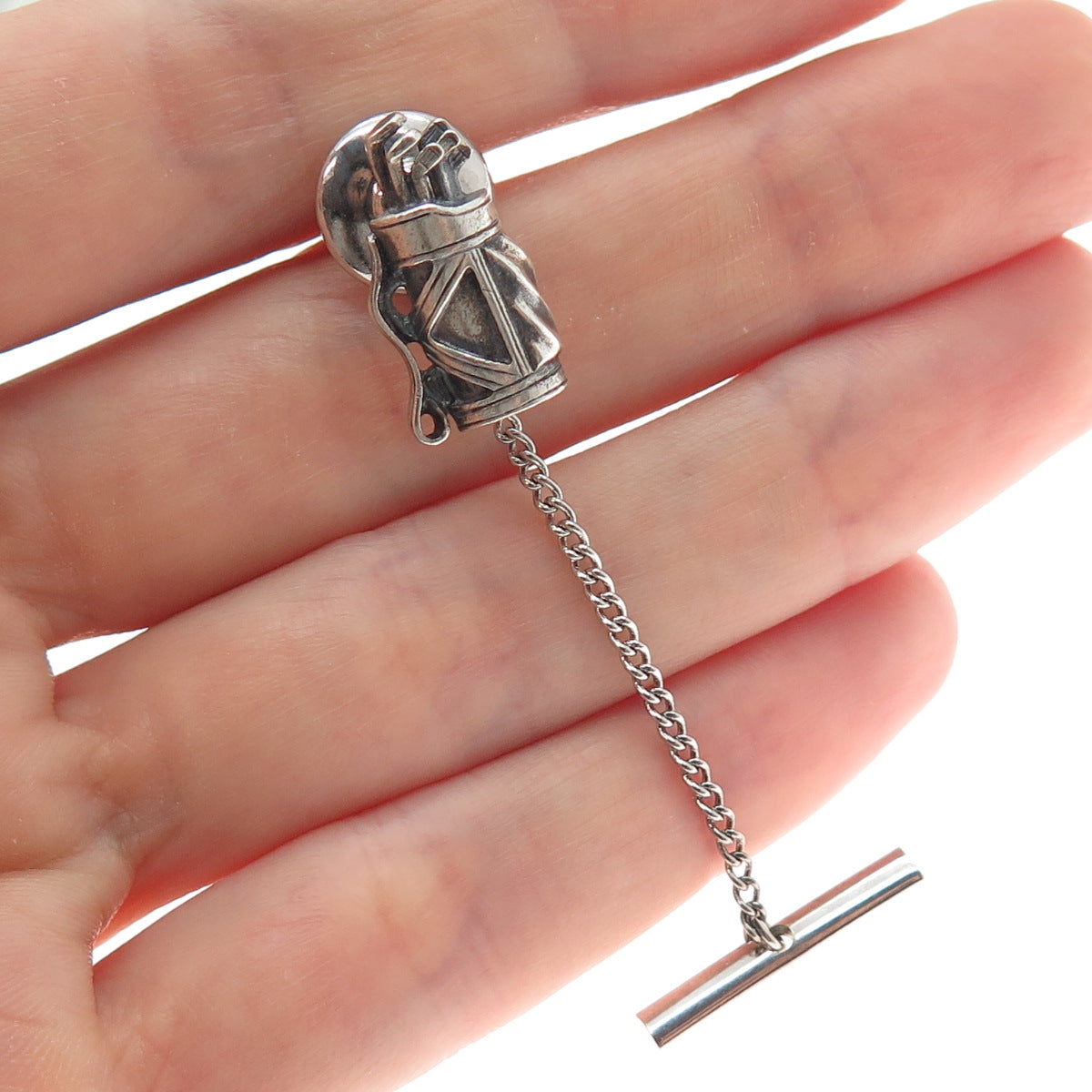 OSTBY & BARTON 925 Sterling Vintage Golf Club Oxidized Tie Tack w/ Button Chain
