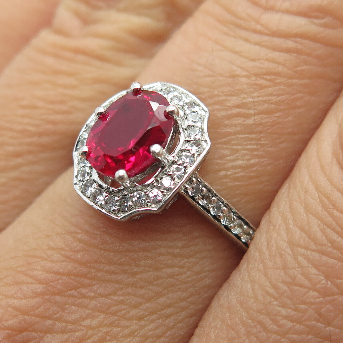 SAI 925 Sterling Silver Real White Topaz Gem & Lab-Created Ruby Ring Size 7.25
