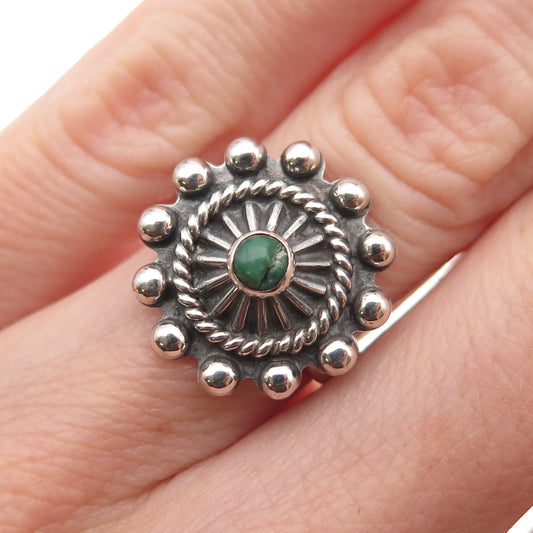 Old Pawn 925 Sterling Vintage Royston Turquoise Sun Beaded Tribal Ring Size 3.75