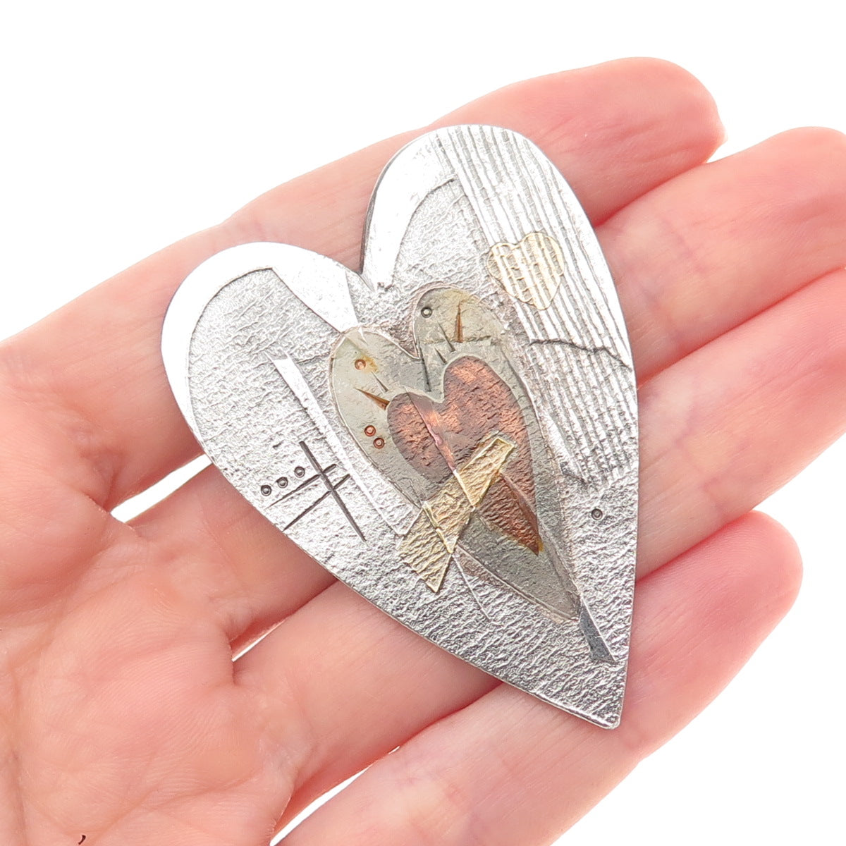 Mary Rogers 999 Fine Silver 22K Gold & Copper Vintage Amulet Heart Pin Brooch