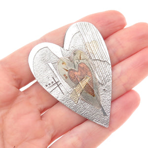 Mary Rogers 999 Fine Silver 22K Gold & Copper Vintage Amulet Heart Pin Brooch